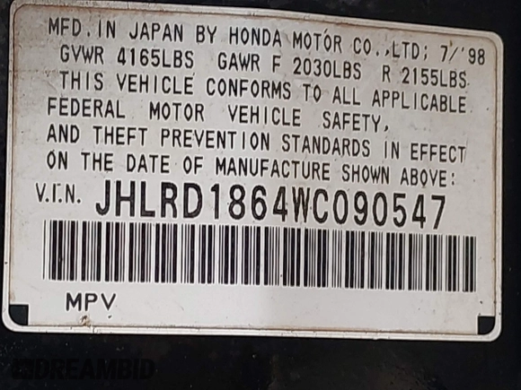 1998 Honda CR-V EX with VIN JHLRD1864WC090547, listed as a IAAI auction lot 40978428 with 315,650 mi miles. Bid and sale history available at carsss.com. Image 9.