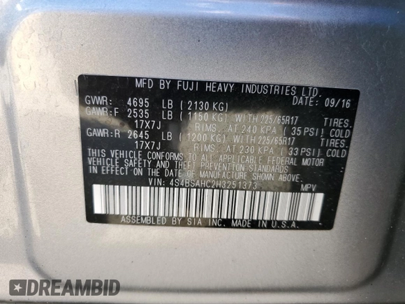 2017 Subaru Outback Premium with VIN 4S4BSAHC2H3251373, listed as a Copart auction lot 49558315 with 35,960 mi miles and Salvage Title. Bid and sale history available at DreamBid. Image 15.