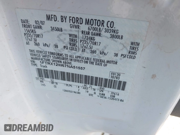 2007 Ford F-150 STX with VIN 1FTRX12W67NA51557, listed as a IAAI auction lot 41799858 with 107,210 mi miles and . Bid and sale history available at DreamBid. Image 9.