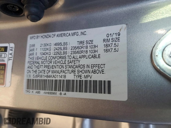 2019 Honda CR-V EX-L with VIN 5J6RW1H84KA011418, listed as a Copart auction lot 86093294 with 96,893 mi miles and Salvage Title. Bid and sale history available at carsss.com. Image 13.