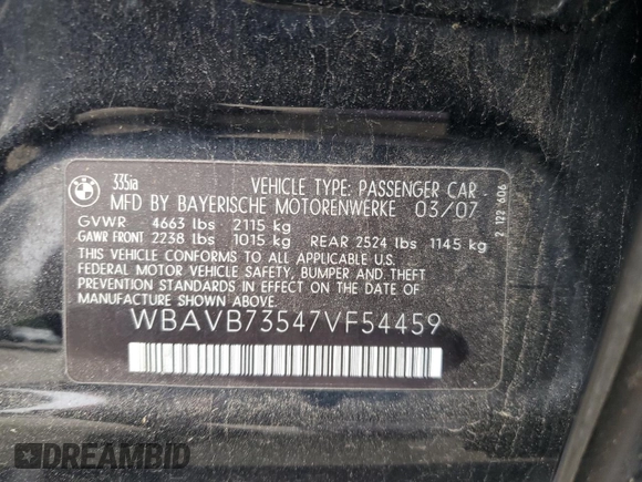 2007 BMW 3 Series 335i with VIN WBAVB73547VF54459, listed as a Copart auction lot 59791315 with 127,018 mi miles and Salvage title. Bid and sale history available at DreamBid. Image 12.