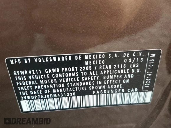 2013 Volkswagen Jetta SE with VIN 3VWDP7AJ8DM431330, listed as a Copart auction lot 56738795 with 114,151 mi miles and Salvage title. Bid and sale history available at DreamBid. Image 13.