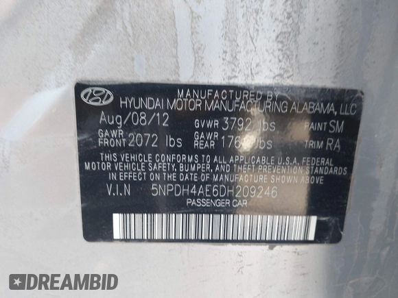 2013 Hyundai Elantra Limited z VIN 5NPDH4AE6DH209246, wystawiony jako IAAI lot #41999702 z przebiegiem 132 786 mil mil oraz . Historia ofert i sprzedaży dostępna na DreamBid. Obrazek 9.
