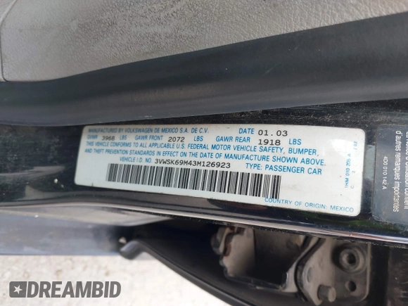 2003 Volkswagen Jetta GLS с VIN 3VWSK69M43M126923, выставлен на аукционе IAAI как лот 42211808 с пробегом 212 187 миль миль и . История ставок и продаж доступна на DreamBid. Изображение 9.