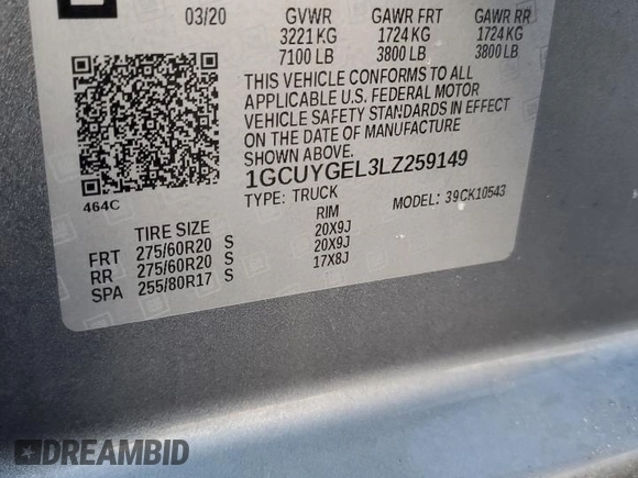 2020 Chevrolet Silverado 1500 LTZ with VIN 1GCUYGEL3LZ259149, listed as a Copart auction lot 86646244 with 84,499 mi miles and Salvage Title. Bid and sale history available at DreamBid. Image 12.