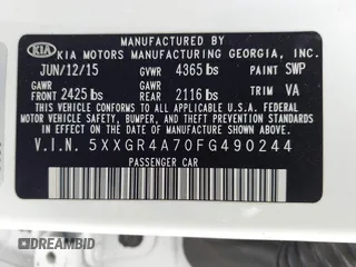 2015 Kia Optima SX with VIN 5XXGR4A70FG490244, listed as a IAAI auction lot 42076958 with 140,820 mi miles and . Bid and sale history available at DreamBid. Image 9.
