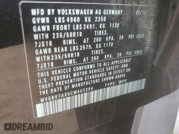 2012 Volkswagen Tiguan S z VIN WVGBV7AX0CW603364, wystawiony jako Copart lot #55048885 z przebiegiem 81 175 mil mil oraz Szkoda całkowita • Salvage title. Historia ofert i sprzedaży dostępna na DreamBid. Obrazek 14.