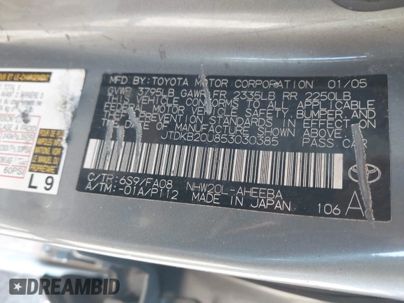 2005 Toyota Prius with VIN JTDKB20U853030385, listed as a IAAI auction lot 41737217 with 299,999 mi miles. Bid and sale history available at carsss.com. Image 9.