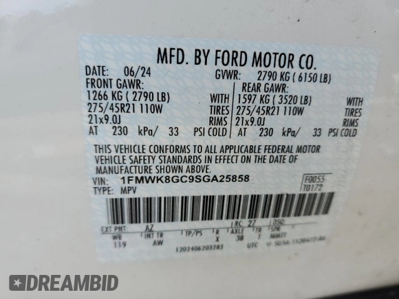 2025 Ford Explorer ST with VIN 1FMWK8GC9SGA25858, listed as a Copart auction lot 86592124 with 6,735 mi miles and Salvage Title. Bid and sale history available at carsss.com. Image 15.