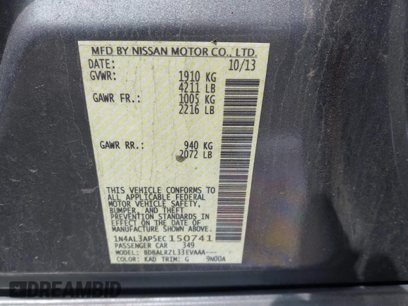 2014 Nissan Altima 2.5 S with VIN 1N4AL3AP5EC150741, listed as a IAAI auction lot 42112008 with 1 mi miles. Bid and sale history available at carsss.com. Image 9.