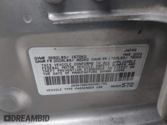 2004 Mitsubishi Lancer ES with VIN JA3AJ26E94U061750, listed as a IAAI auction lot 41262993 with 168,723 mi miles and . Bid and sale history available at DreamBid. Image 9.
