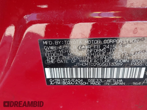 2016 Lexus IS 300/350 with VIN JTHCM1D29G5013389, listed as a IAAI auction lot 41690143 with 69,365 mi miles and . Bid and sale history available at DreamBid. Image 9.