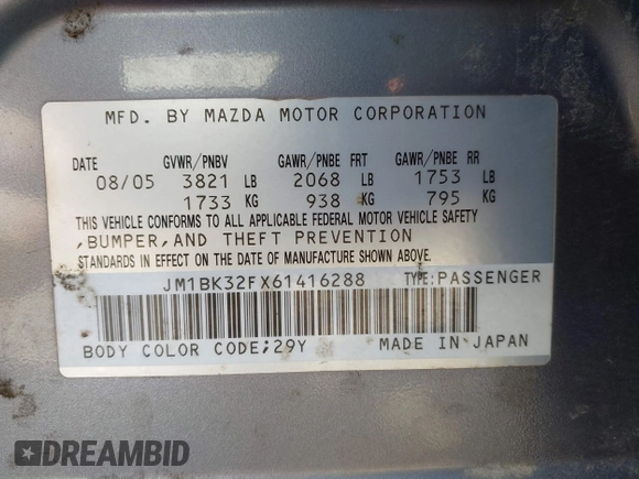 2006 Mazda 3 i Touring with VIN JM1BK32FX61416288, listed as a IAAI auction lot 41882749 with 140,396 mi miles and . Bid and sale history available at DreamBid. Image 9.