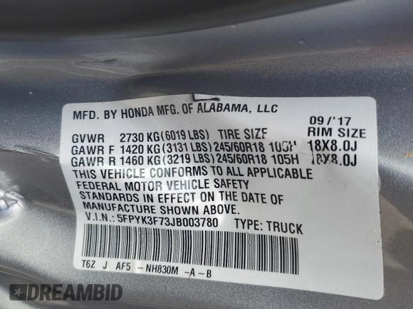 2018 Honda Ridgeline RTL-E z VIN 5FPYK3F73JB003780, wystawiony jako Copart lot #55475975 z przebiegiem 49 511 mil mil oraz Szkoda całkowita • Salvage title. Historia ofert i sprzedaży dostępna na DreamBid. Obrazek 12.