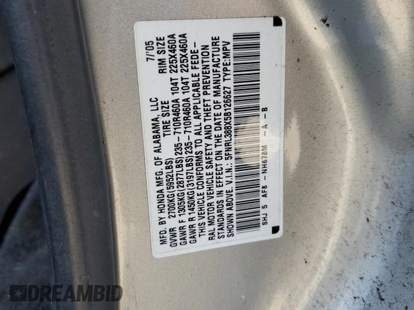 2005 Honda Odyssey TOURING with VIN 5FNRL388X5B126627, listed as a Copart auction lot 46654645 with 220,805 mi miles and Salvage Title. Bid and sale history available at carsss.com. Image 13.