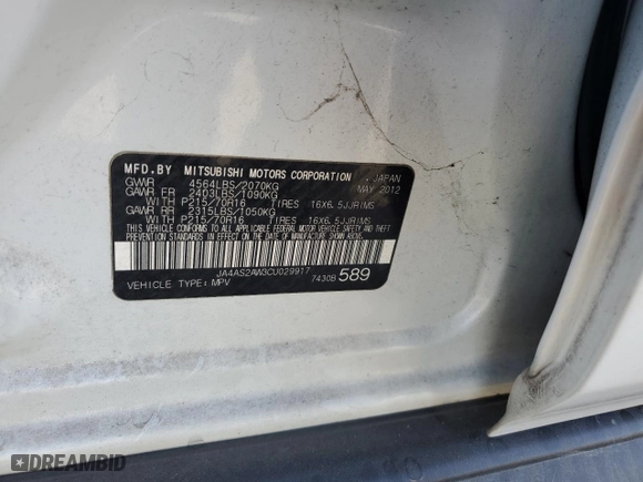 2012 Mitsubishi Outlander ES with VIN JA4AS2AW3CU029917, listed as a Copart auction lot 83085614 with 149,633 mi miles and Salvage Title. Bid and sale history available at carsss.com. Image 13.