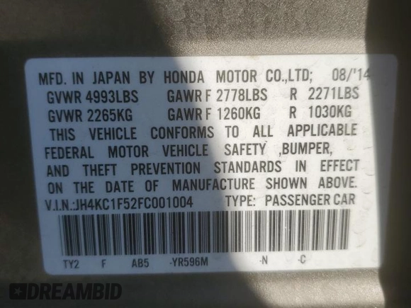 2015 Acura RLX Tech Pkg with VIN JH4KC1F52FC001004, listed as a Copart auction lot 48388385 with 248,635 mi miles and Salvage Title. Bid and sale history available at carsss.com. Image 14.