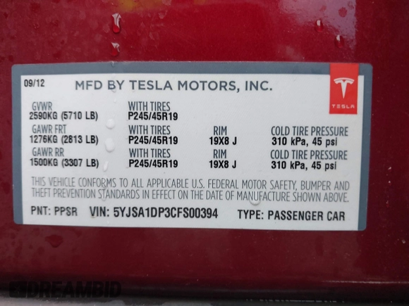2012 Tesla Model S Performance with VIN 5YJSA1DP3CFS00394, listed as a IAAI auction lot 41309464 with 91,561 mi miles and . Bid and sale history available at DreamBid. Image 9.