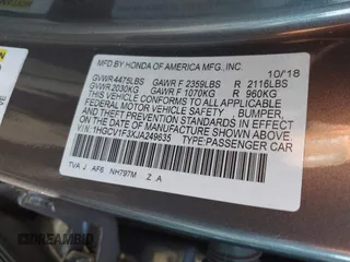 2018 Honda Accord Sedan Sport 1.5T with VIN 1HGCV1F3XJA249635, listed as a IAAI auction lot 40832285 with 89,762 mi miles. Bid and sale history available at carsss.com. Image 9.