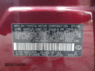 2008 Lexus ES 330 с VIN JTHBJ46G582273581, выставлен на аукционе IAAI как лот 42467742 с пробегом 206 655 миль миль и . История ставок и продаж доступна на DreamBid. Изображение 9.