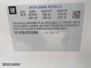 2015 Chevrolet Malibu LTZ with VIN 1G11F5SL3FF328986, listed as a IAAI auction lot 41578501 with 147,998 mi miles. Bid and sale history available at carsss.com. Image 9.