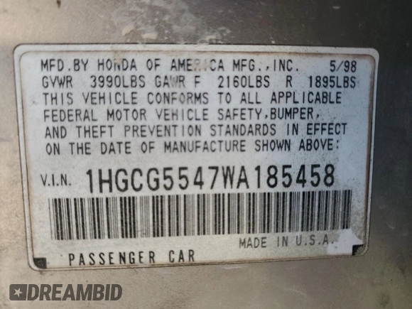 1998 Honda Accord LX с VIN 1HGCG5547WA185458, выставлен на аукционе Copart как лот 89294805 с пробегом Не указан миль и Списание • Salvage title. История ставок и продаж доступна на DreamBid. Изображение 14.