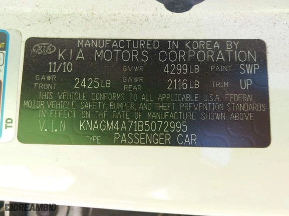 2011 Kia Optima LX with VIN KNAGM4A71B5072995, listed as a IAAI auction lot 41946138 with 196,551 mi miles. Bid and sale history available at carsss.com. Image 9.