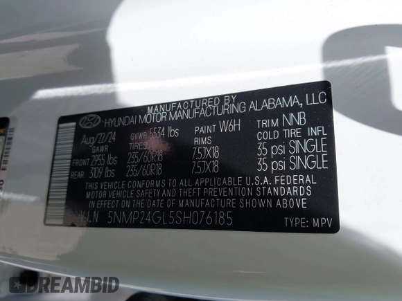 2025 Hyundai Santa Fe SEL z VIN 5NMP24GL5SH076185, wystawiony jako IAAI lot #42255534 z przebiegiem 5 521 mil mil oraz . Historia ofert i sprzedaży dostępna na DreamBid. Obrazek 9.