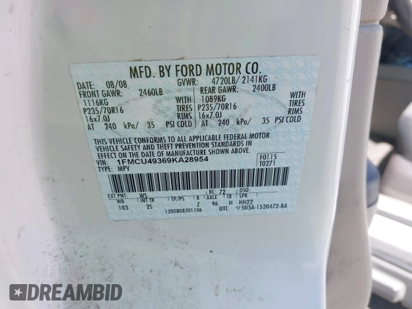 2009 Ford Escape Hybrid with VIN 1FMCU49369KA28954, listed as a IAAI auction lot 42157026 with 205,696 mi miles and . Bid and sale history available at DreamBid. Image 9.
