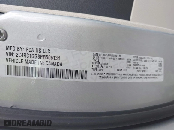 2023 Chrysler Pacifica Limited with VIN 2C4RC1GG8PR506134, listed as a IAAI auction lot 42554422 with 29,378 mi miles and . Bid and sale history available at DreamBid. Image 9.