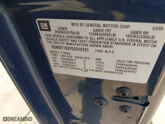 2005 Chevrolet TrailBlazer LT with VIN 1GNDT13S752310791, listed as a IAAI auction lot 41860419 with 231,078 mi miles. Bid and sale history available at carsss.com. Image 9.