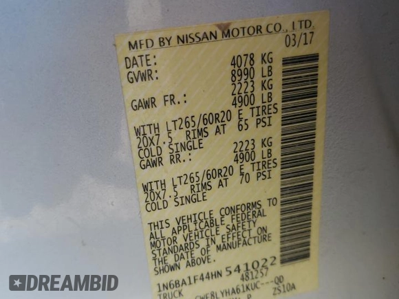 2017 Nissan Titan XD PRO-4X with VIN 1N6BA1F44HN541022, listed as a Copart auction lot 73966134 with 66,582 mi miles and Salvage Title. Bid and sale history available at carsss.com. Image 12.