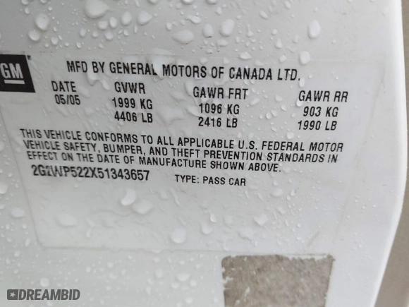 2005 Pontiac Grand Prix with VIN 2G2WP522X51343657, listed as a IAAI auction lot 41675876 with 280233 miles. Bid and sale history available at carsss.com. Image 9.