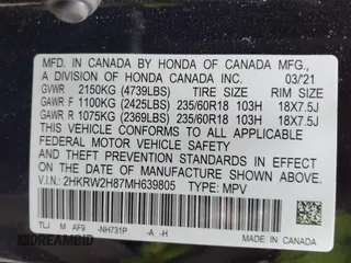 2021 Honda CR-V EX-L with VIN 2HKRW2H87MH639805, listed as a IAAI auction lot 41699013 with 73,304 mi miles. Bid and sale history available at carsss.com. Image 9.
