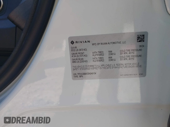 2025 Rivian R1S Adventure with VIN 7PDSGBBA0SN049154, listed as a IAAI auction lot 41160166 with 3,036 mi miles. Bid and sale history available at carsss.com. Image 9.