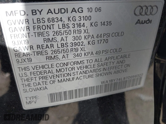2007 Audi Q7 Premium with VIN WA1BY74L97D056322, listed as a IAAI auction lot 42081141 with 173,587 mi miles and . Bid and sale history available at DreamBid. Image 9.