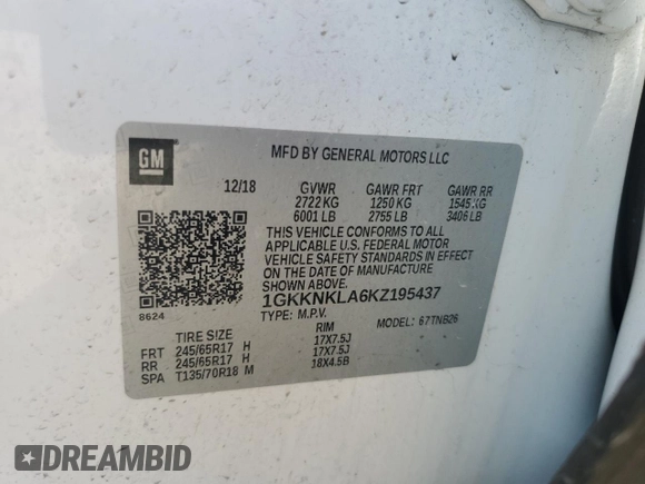 2019 GMC Acadia SLE with VIN 1GKKNKLA6KZ195437, listed as a Copart auction lot 44551295 with Not Provided miles and Salvage Title. Bid and sale history available at carsss.com. Image 12.