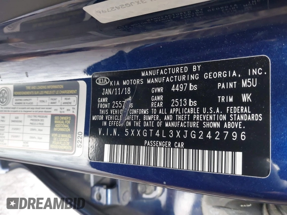 2018 Kia Optima LX with VIN 5XXGT4L3XJG242796, listed as a IAAI auction lot 41181640 with 128,344 mi miles. Bid and sale history available at carsss.com. Image 9.