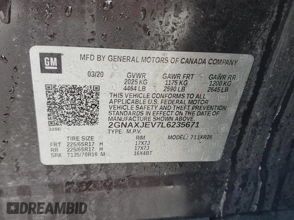 2020 Chevrolet Equinox LT z VIN 2GNAXJEV7L6235671, wystawiony jako Copart lot #45578345 z przebiegiem 73 478 mil mil oraz Nie do naprawy • Non repairable. Historia ofert i sprzedaży dostępna na DreamBid. Obrazek 14.