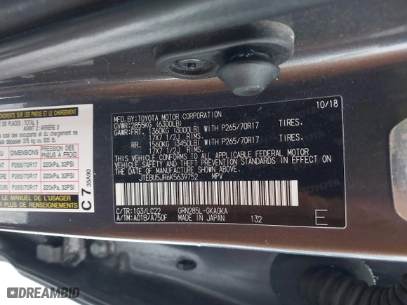 2019 Toyota 4Runner SR5 with VIN JTEBU5JR6K5639752, listed as a IAAI auction lot 41737523 with 85,173 mi miles. Bid and sale history available at carsss.com. Image 9.