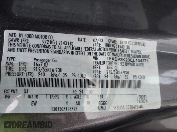 2014 Ford Focus SE with VIN 1FADP3K20EL104271, listed as a IAAI auction lot 39596262 with 81,021 mi miles. Bid and sale history available at carsss.com. Image 9.