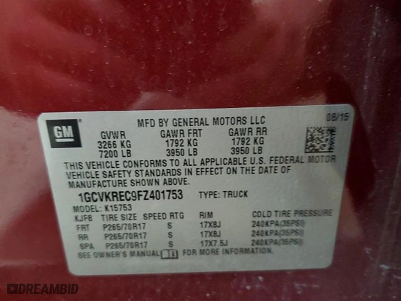 2015 Chevrolet Silverado 1500 LT with VIN 1GCVKREC9FZ401753, listed as a Copart auction lot 50710585 with 118,045 mi miles and Salvage Title. Bid and sale history available at carsss.com. Image 13.