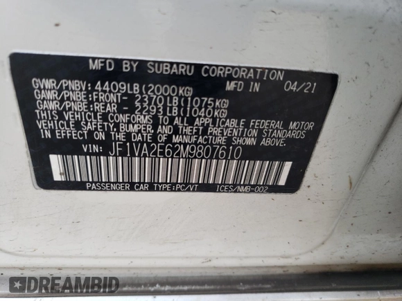 2021 Subaru WRX STI with VIN JF1VA2E62M9807610, listed as a Copart auction lot 44980365 with Not provided miles and Salvage title. Bid and sale history available at DreamBid. Image 12.