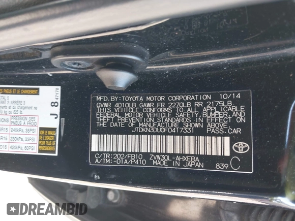 2015 Toyota Prius Four with VIN JTDKN3DU0F0417331, listed as a IAAI auction lot 42189981 with 111,255 mi miles. Bid and sale history available at carsss.com. Image 9.