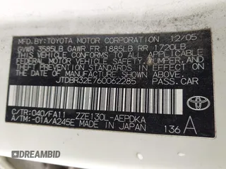 2006 Toyota Corolla CE with VIN JTDBR32E760062285, listed as a IAAI auction lot 41939446 with 131,187 mi miles and . Bid and sale history available at DreamBid. Image 9.