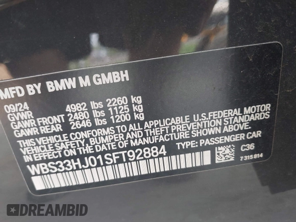 2025 BMW M3 Competition xDrive with VIN WBS33HJ01SFT92884, listed as a IAAI auction lot 42473044 with 7,617 mi miles and . Bid and sale history available at DreamBid. Image 9.