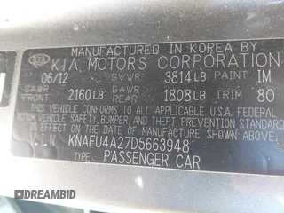 2013 Kia Forte EX with VIN KNAFU4A27D5663948, listed as a IAAI auction lot 41748962 with 110,499 mi miles. Bid and sale history available at carsss.com. Image 9.