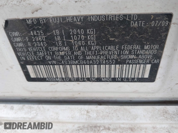 2010 Subaru Legacy Premium with VIN 4S3BMCB60A3214552, listed as a IAAI auction lot 42027069 with 183,042 mi miles and . Bid and sale history available at DreamBid. Image 9.