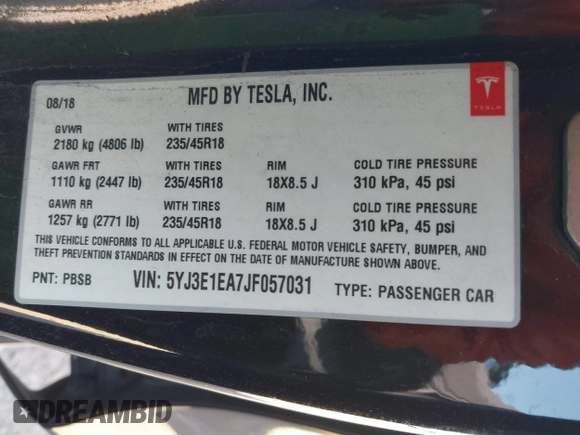 2018 Tesla Model 3 Long Range Battery with VIN 5YJ3E1EA7JF057031, listed as a IAAI auction lot 42139832 with 92,618 mi miles and . Bid and sale history available at DreamBid. Image 9.