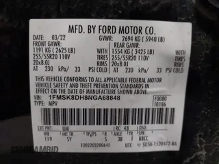 2022 Ford Explorer XLT z VIN 1FMSK8DH8NGA68848, wystawiony jako IAAI lot #41996766 z przebiegiem 48 191 mil mil oraz . Historia ofert i sprzedaży dostępna na DreamBid. Obrazek 9.